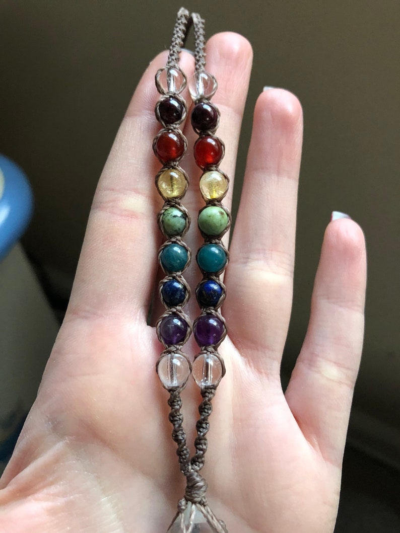 Chakra Macrame Necklace with Double Terminated Quartz hippie bohemian knotted braided