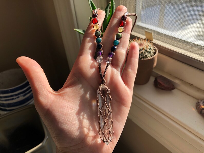 Chakra Macrame Necklace with Double Terminated Quartz hippie bohemian knotted braided