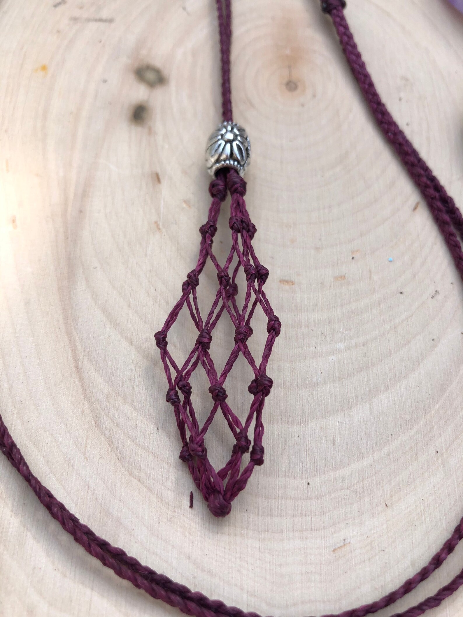 Burgundy Crystal Pouch Necklace / macrame / stone holder / Etsy