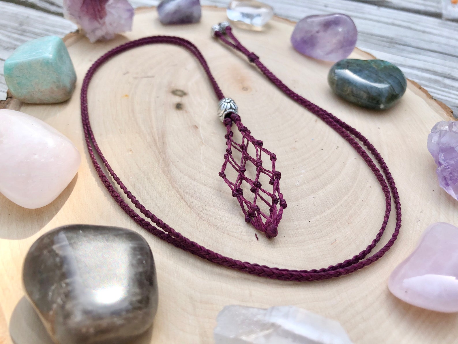 Burgundy Crystal Pouch Necklace / macrame / stone holder / Etsy