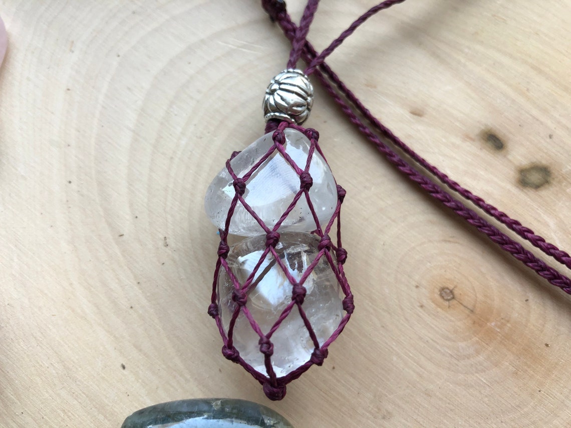 Burgundy Crystal Pouch Necklace / macrame / stone holder / Etsy