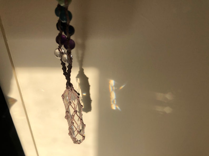Chakra Macrame Necklace with Double Terminated Quartz hippie bohemian knotted braided