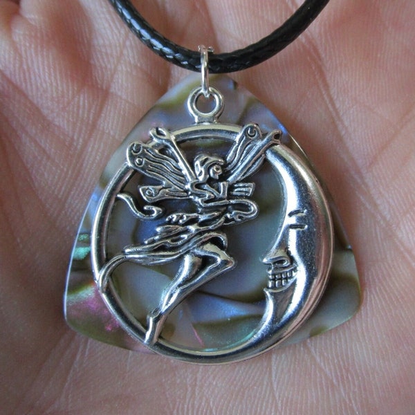 FAIRY 19" NECKLACE (Dancing in Crescent Moon) Abalone Large Triangular Guitar Pick w Metal Charm - Hippie Jewelry