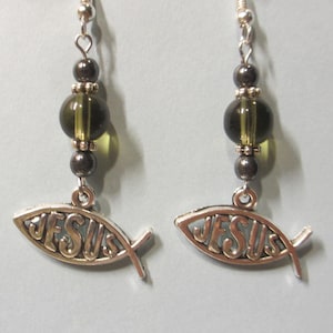CHRISTIAN FISH SYMBOL Earrings - Smoky Quartz/Hematite Beaded Dangle Ear Rings, Ichthys, Religious, Spiritual, Silver Tone Cute Girl Jewelry