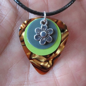 Tiger&#39;s Eye Guitar Pick 19&quot; Necklace: Flower Charm, Sequins, Black Cord