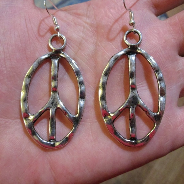 PEACE SIGN EARRINGS - Large 2" Charm, Metal Alloy - Oblong "Hammered" Big Charm - Cute Hippie Girl Jewelry, Oval Piece Symbol