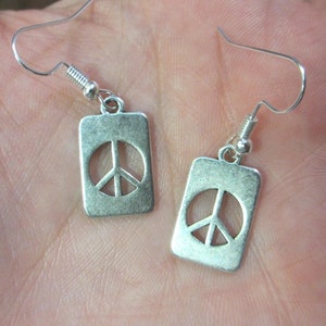 Peace Sign Earrings: Silver Tone Mini Dog Tag Style Hippie Charm Jewelry