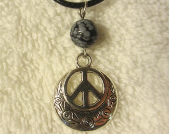 Peace Sign 19" NECKLACE, Single REAL STONE Bead, Minimalist Style <<You Choose Stone>>  .75"dia Silver Tone Charm - Cute Hippie Girl Jewelry