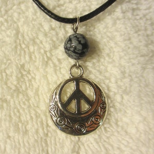 Peace Sign 19" NECKLACE, Single REAL STONE Bead, Minimalist Style <<You Choose Stone>>  .75"dia Silver Tone Charm - Cute Hippie Girl Jewelry