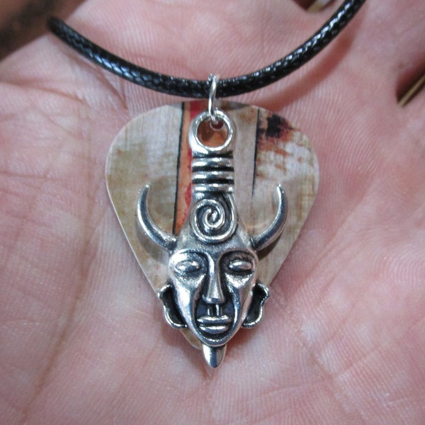 MONGOLIAN or African MASK 19" Necklace, Silver Tone 1" Metal Charm on Wood Grain Guitar Pick - Cute Hippie Girl Jewelry