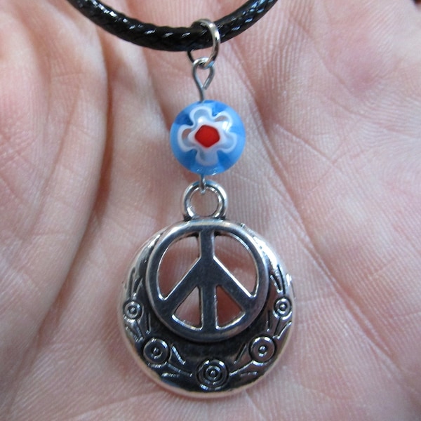 Peace Sign 19" NECKLACE, Single Glass or Agate Stone Bead, Minimalist Style <<You Choose Bead>>  .75" Charm - Cute Hippie Girl Jewelry