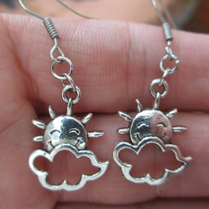 Smiling Sun & Cloud Earrings: Silver Tone Hippie Jewelry