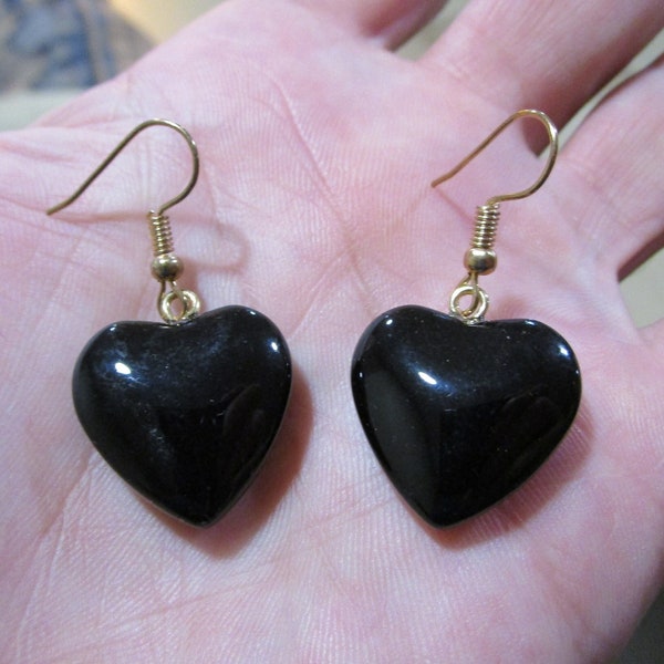 HEART EARRINGS, 1" Black Glasswork Colored Charm, Handmade Minimalist Style Cute Hippie Girl Ear Rings, Jewelry