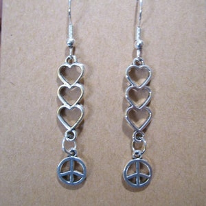 Heart & Peace Sign Drop Earrings: 80s Retro Hippie Jewelry