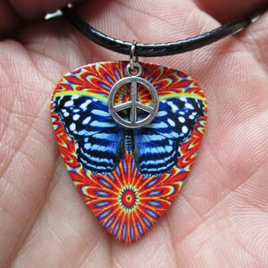 Butterfly Peace Sign -- Exclusive PSYCHEDELIC SERIES 19" Necklace, Sunburst Guitar Pick on Black Cord, Cute Hippie Girl Jewelry