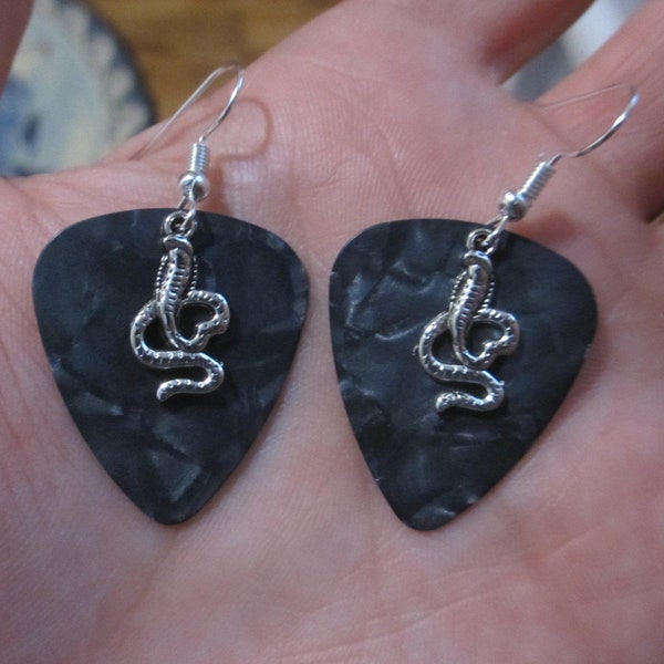 Cobra SNAKE EARRINGS - Metal Small Charm on Dark Ash Pearl Guitar Pick - Hand Made Ear Rings - Rocker Girl Jewelry, Biker Tattoo Style