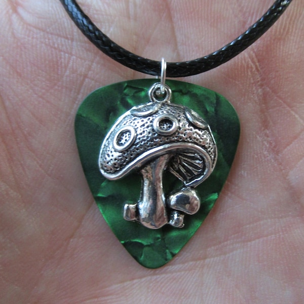 MUSHROOM 19" NECKLACE on Green Pearl Guitar Pick, Silver Tone, Mixed Media Charm - Cute Earthy Hippie Girl Jewelry