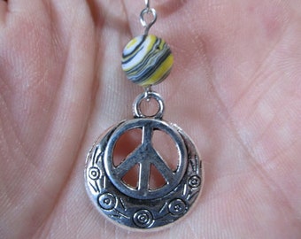 Peace Sign 19" NECKLACE, Retro Single BEAD, Tiger Eye, Lapis etc <<You Choose Bead>> .75"dia Silver Tone Charm - Cute Hippie Girl Jewelry