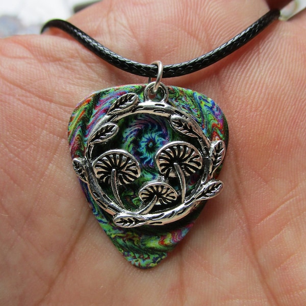 MUSHROOM COVE 19" Cord Necklace - Psychedelic Series "Spiral Ripple" Guitar Pick w Oval Metal Charm, Cute Hippie Girl Jewelry, Hippy Jewlry