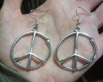 Peace Sign Earrings - Large 1.5" Charm, Metal Alloy - Faux "Bent Wire" Big Loop Symbol Charm - Unique Cute Girl Jewelry