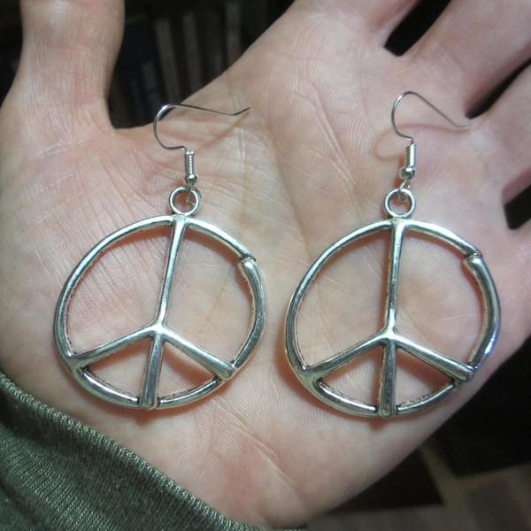 Peace Sign Earrings - Large 1.5" Charm, Metal Alloy - Faux "Bent Wire" Big Loop Symbol Charm - Unique Cute Girl Jewelry