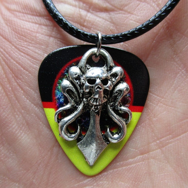 SKULL 19" Cord NECKLACE -- 'Neptunes Garden' Metal Charm on Yellow/Black Guitar Pick, Boho Biker Tattoo Style Jewelry, Octopus