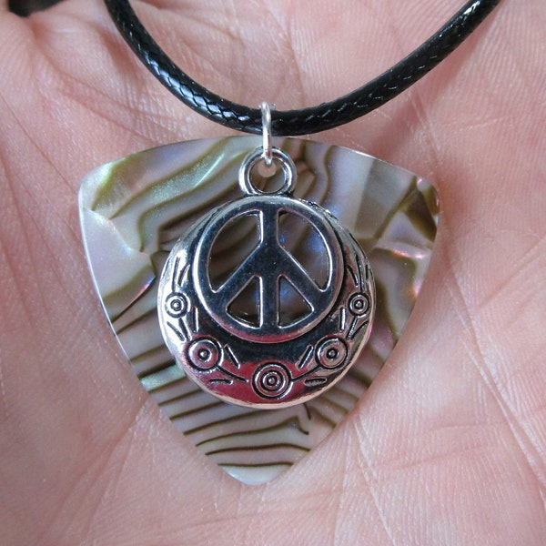 PEACE SIGN 19" NECKLACE Abalone Triangular Guitar Pick w .75" Metal Southwest Flair Charm - Cute Hippie Girl Jewelry