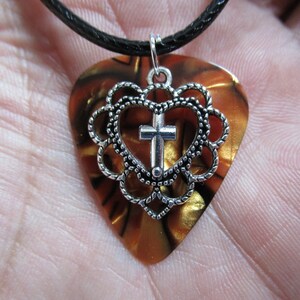 Tiger&#39;s Eye Guitar Pick 19&quot; Necklace: Cross in Heart Charm, Black Cord