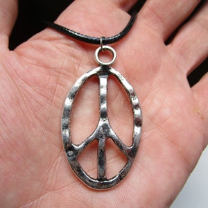 Peace Sign 19" Necklace: Hammered Silver Tone Charm on Black Cord