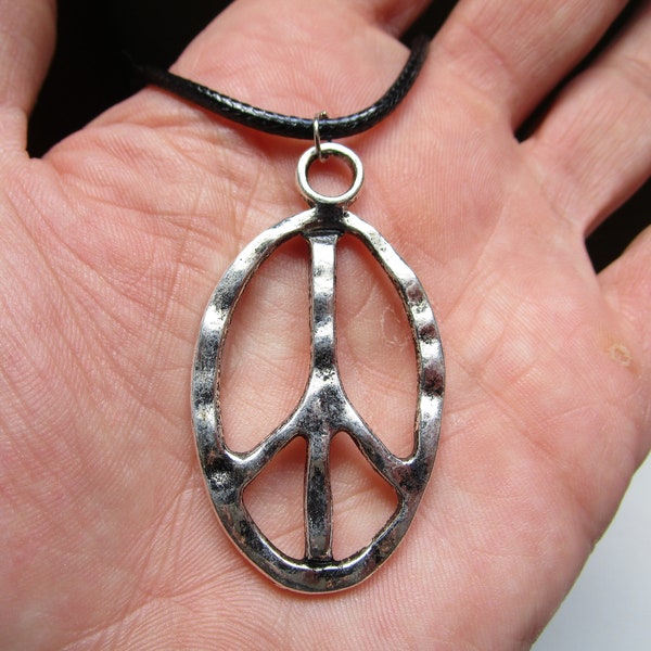 PEACE SIGN Hippie NECKLACE, 19"lg. w/ Silver Tone 2"h "Hammered" Large Charm - Cute Girl Jewelry - Piece Symbol