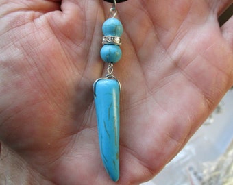 HORN or TUSK 19" Necklace, Synthetic Stone Faux Turquoise Tooth Charm on Suede Cord - Biker Chick & Hippie Girl Jewelry, Southwest Style