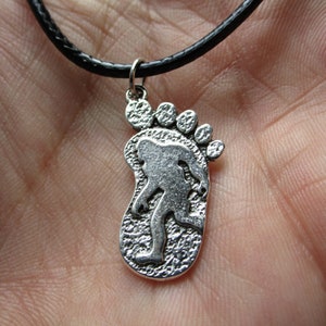 BIGFOOT 19&quot; NECKLACE - &#39;Footprint&#39; 1&quot;h Metal Charm, Hippie Minimalist Style, Black Cord Jewelry