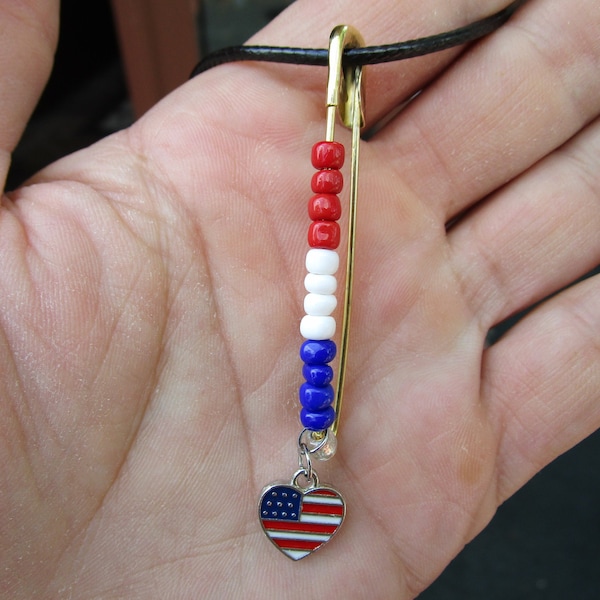AMERICAN PATRIOT 19" Necklace - Beaded 2" Safety Pin Flag Charm - Glass Beads, Black Cord - Hand Made Women's Bohemian Fashion Jewelry
