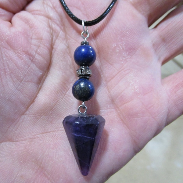 Amethyst Rhinestone & Lapis 19" NECKLACE, 1" Crystal Pendulum Charm, Gem Stone Hippie Jewelry, Hippy Jewlry