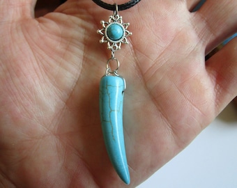 HORN or TUSK 19" Necklace, Synthetic Stone Tooth Charm (Faux Turquoise), Black Cord - Biker Chick & Hippie Girl Jewelry, Southwest Style