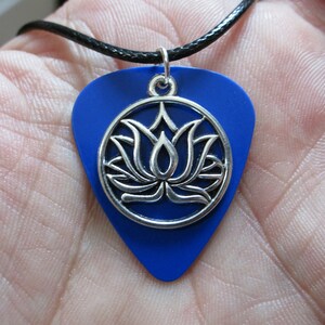 Lotus Flower Guitar Pick 19&quot; Necklace: Blue Charm, Black Cord
