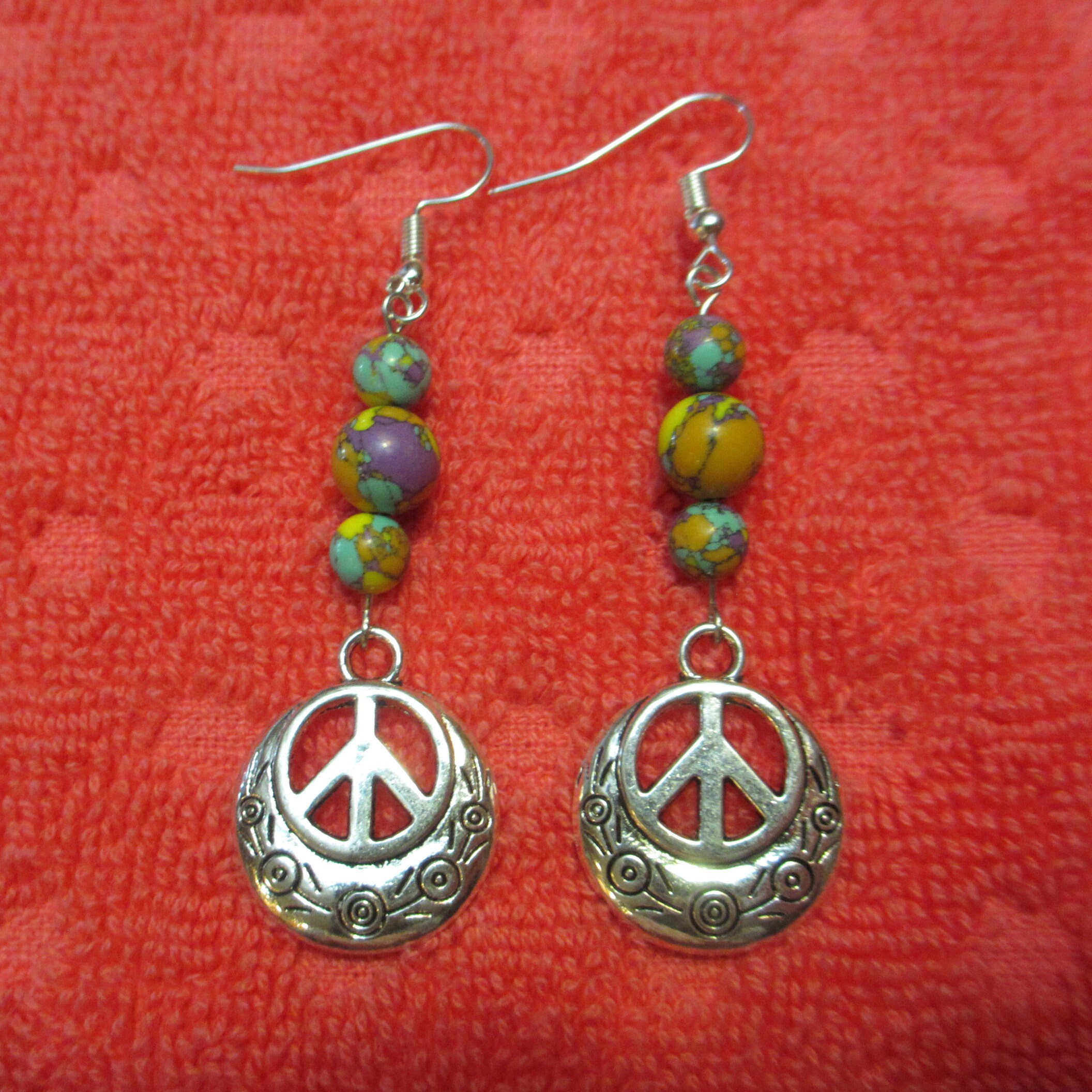 PEACE SIGN Flair Drop EARRINGS Large .81 Silver Tone Etsy