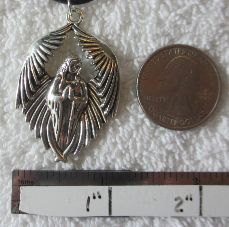 Silver Tone Large Pendant Metal Charm PRAYING ANGEL w Wings 18 Necklace Unique Cute Girl Faith Jewelry Black Cord