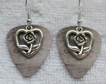 ROSE in HEART Guitar Pick Earrings, Silver tone charms, Handmade on Wood Grain Knot Pic - Unique Hippie Cute Girl Jewelry by Fierce