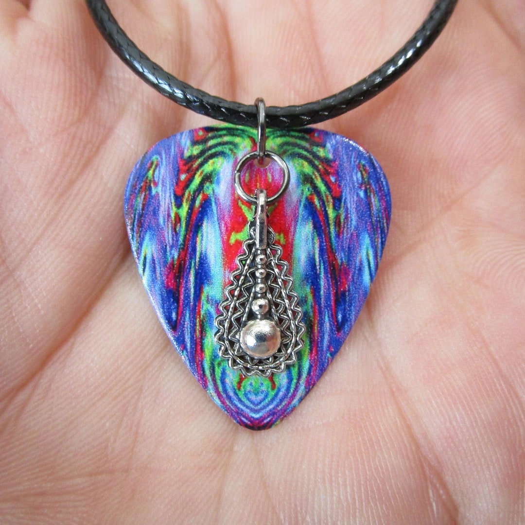 TEARDROP Charm 19" NECKLACE, Psychedelic 'dark Matter' Guitar Pick ...