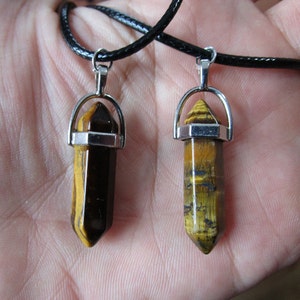 Tigers Eye Crystal Pendant 19&quot; NECKLACE, 1&quot; Polished Spear, Semi Precious Gem Jewelry on Black Cord, Cute Hippie Girl Jewelry, Hippy Jewlry
