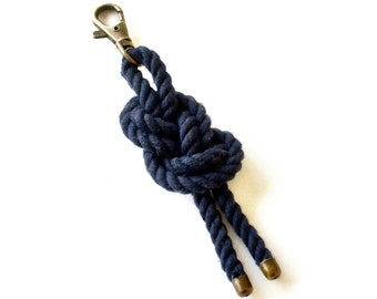 Nautical Knot Cotton Rope Keychain in Navy Blue, Antique Bronze | Nautical Gifts | Nautical Knot Bag Charm | Nautical Accessories