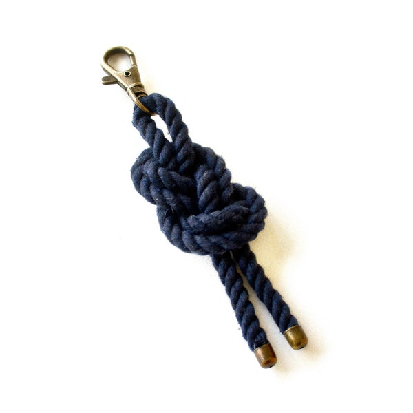 Nautical Knot Cotton Rope Keychain in Navy Blue, Antique Bronze | Nautical Gifts | Nautical Knot Bag Charm | Nautical Accessories