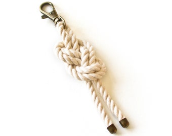 Nautical Knot Cotton Rope Keychain in Natural White, Antique Bronze | Nautical Gifts | Nautical Knot Bag Charm | Nautical Accessories