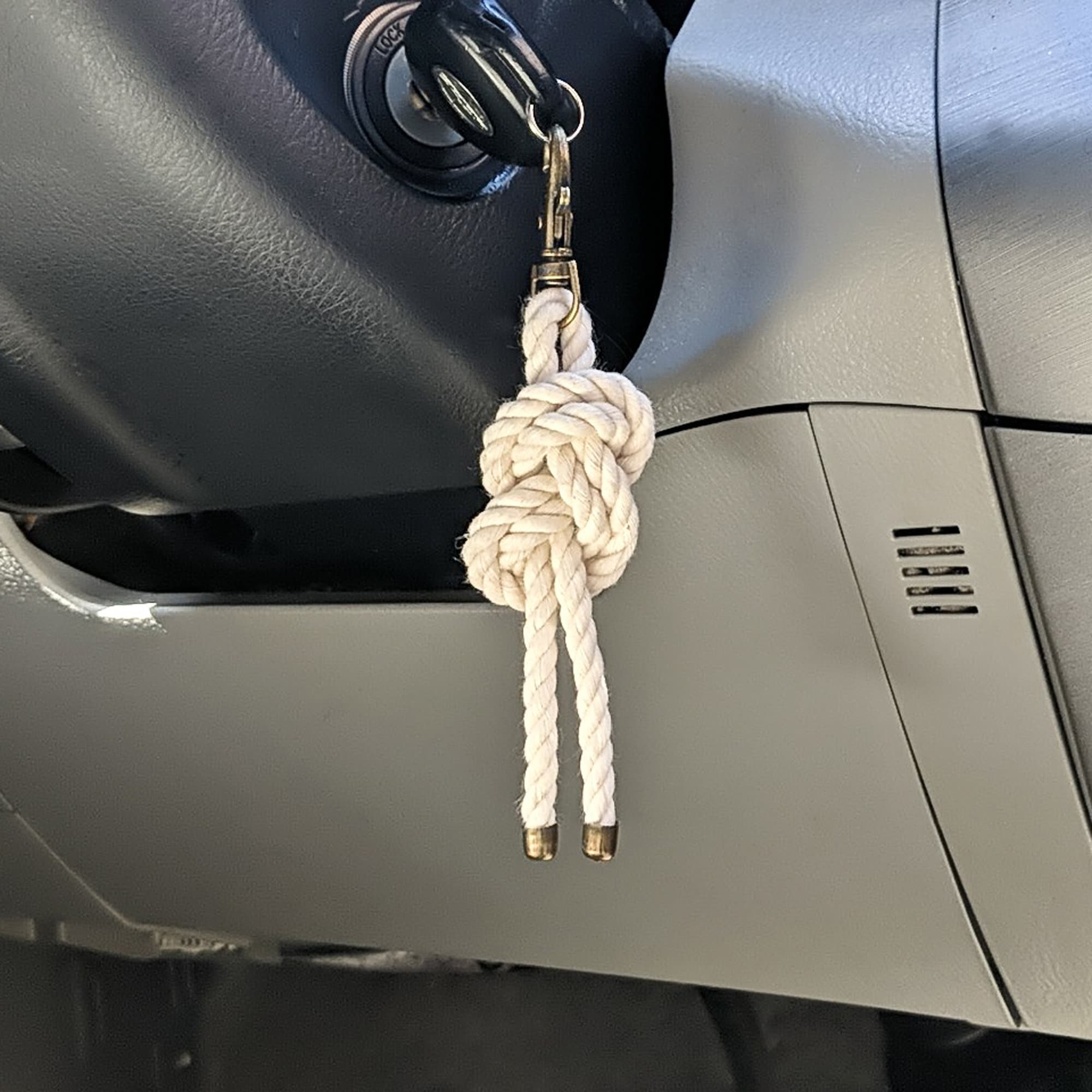 White Rope Keychain Nautical Knot Cotton Rope Keychain in Natural White, Antique Bronze ...