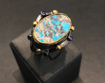 HANDMADE silver 925 ring with natural turqoise stone coating with black rhodium and goldplated k18