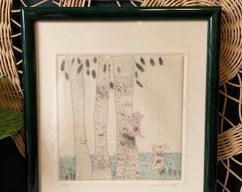 Vintage Framed Original Drawing of Dog Chasing Cat Up Tree | Pet-Themed Art | Signed Schetch | Gift for Pet Lovers | Signed Art Work