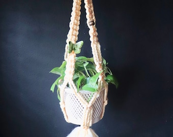 Vintage Macrame Hanging Planter with Ceramic Pot | Ceramic Butterfly Detail | Boho Decor | Fiber Art | Plant Holder | Hippie Jungalow Style