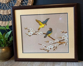 Vintage Asian Painted Straw Framed Artwork | Bird on Cherry Blossom Tree | Bird Lover Framed Art | Framed Asian Floral Wall Art Straw Mosaic