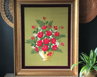 Vintage Rose Bouquet Framed Needlepoint | Ornate Gold Frame | 70s Framed Crewel Art | Vintage Floral Rose Wall Decor | Framed Thread Art